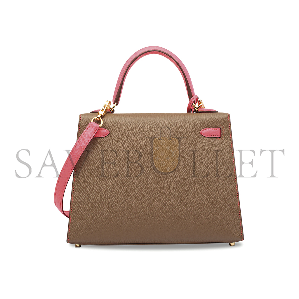 HERMÈS ÉTOUPE & ROSE AZALÉE EPSOM KELLY 25 WITH GOLD HARDWARE (25*17*7cm) 